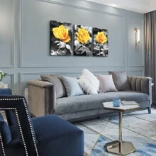 Canvas Wall Art For Bedroom Living Room Bathroom Wall Decor For Kitchen Family Pictures Artwork Black And White Yellow Rose Flowers Paintings 12" X 16" 3 Pieces Framed Modern Office Home Decorations - 黃色 - 查看 9