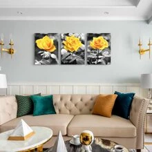 Canvas Wall Art For Bedroom Living Room Bathroom Wall Decor For Kitchen Family Pictures Artwork Black And White Yellow Rose Flowers Paintings 12" X 16" 3 Pieces Framed Modern Office Home Decorations - 黃色 - 查看 10