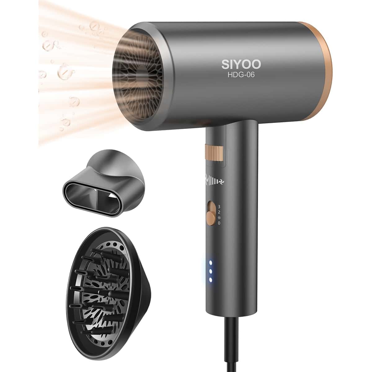 SIYOO Hair Dryer with Diffuser, 1600W Ionic Blow Dryer, Constant Temperature Hair Care Without Hair Damage, Lightweight Portable Travel, Hairdryer, Grey Gold - 金色 - 查看 1
