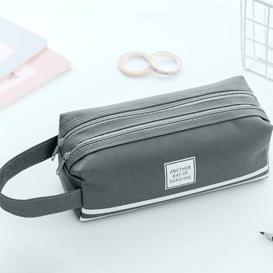 1 hộp đựng bút chì vải công suất lớn đơn giản - Màu xám đen - Xem 1