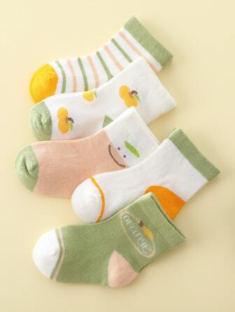 5pairs Baby Socks With Orange Pattern, Cute Infant Socks