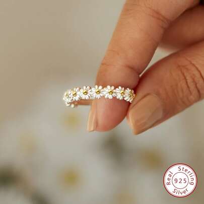 MADEONE 1pc Sweet Floral Ring, S925 Sterling Silver Elegant Daisy Ring, Delicate Jewelry Gift For Girls, Summer Daily Decor, Valentine's Day