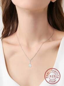 1條925銀創意白色蛋白石吊墜項鍊,女生無限愛心橢圓形蛋白石項鍊