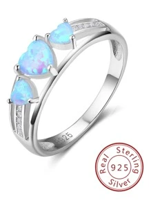 FOREVER QUEEN 1 Miếng 925 sterling bạc Opal Nhẫn 3-Đá Tim Trắng Opal Lễ cưới Hôn ước Ban nhạc Nhẫn Đối với Giáng sinh Qủa tặng - Bạc - Xem 2