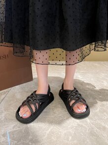 1 paire Sandales Espadrilles Pour Femme À La Mode Ajouré Avec Tressé Paille Corde , Pour Plage