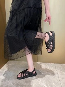 1 paire Sandales Espadrilles Pour Femme À La Mode Ajouré Avec Tressé Paille Corde , Pour Plage