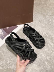 1 paire Sandales Espadrilles Pour Femme À La Mode Ajouré Avec Tressé Paille Corde , Pour Plage