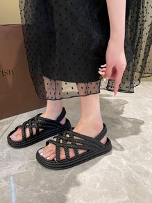 1 paire Sandales Espadrilles Pour Femme À La Mode Ajouré Avec Tressé Paille Corde , Pour Plage