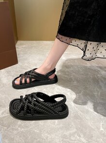 1 paire Sandales Espadrilles Pour Femme À La Mode Ajouré Avec Tressé Paille Corde , Pour Plage