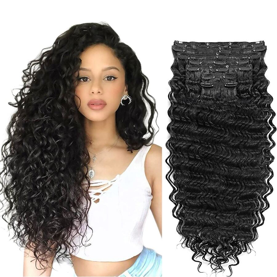 Extensiones de cabello con clip de 7 piezas, extensiones de cabello ondulado profundo de 24 pulgadas, extensiones de cabello negro con clip, piezas de cabello sintético de cabeza completa para mujeres, brillo natural (#1B) - Negro - Ver 1