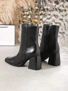 Women's Versatile Square Toe Chunky Heel Black Short Boots - Black - View 6