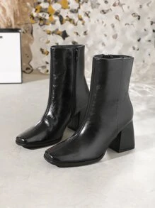 Women's Versatile Square Toe Chunky Heel Black Short Boots - Black - View 5