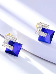 1pair Glamorous Zinc Alloy Rhinestone Decor Geometric Stud Earrings For Women For Daily Decoration - Blue - View 4