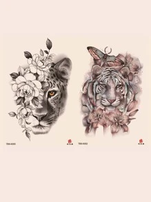 2 piezas de tatuajes temporales con patrones de tigre, león, leopardo y flor - Multicolor - Ver 7