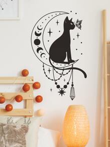 1 Stück kreative Katze & Schmetterling Silhouette Wandaufkleber mit Mond Design, Aufkleber, Wandtattoo, Vinyl Aufkleber für Heim Dekorationen, Frühlings Dekorationsartikel um Ihr Zuhause aufzufrischen, Rama Dekorationsaufkleber - Schwarz - Übersicht 5