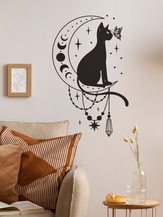 1 st kreativ väggdekoration med katt- och fjärilssilhuett och månedesign, klistermärken, väggdekor, vinyldekal för heminredning, vårdekorationsartiklar, fräscha upp ditt hem, Rama-dekorationsklistermärken