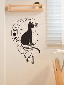 1 Stück kreative Katze & Schmetterling Silhouette Wandaufkleber mit Mond Design, Aufkleber, Wandtattoo, Vinyl Aufkleber für Heim Dekorationen, Frühlings Dekorationsartikel um Ihr Zuhause aufzufrischen, Rama Dekorationsaufkleber - Schwarz - Übersicht 3