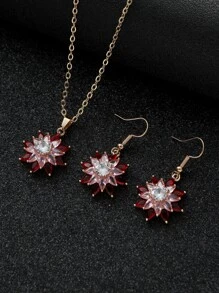 3入組/套奢華紅色的方晶鋯石花&向日葵形耳環,項鍊&吊墜套裝適合女士約會首飾類