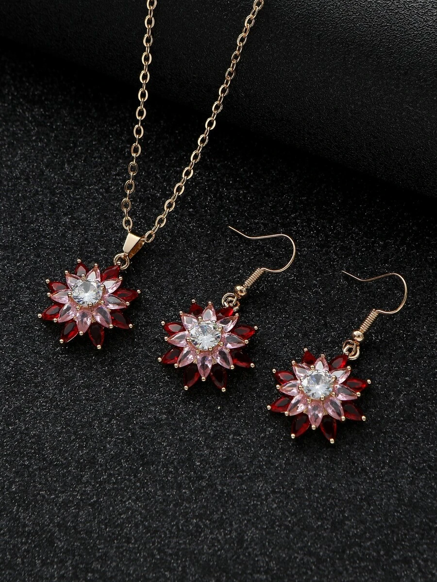 3入組/套奢華紅色的方晶鋯石花&向日葵形耳環,項鍊&吊墜套裝適合女士約會首飾類
