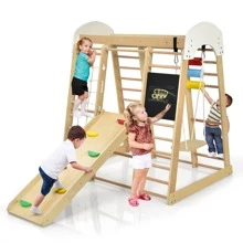 Costway Indoor Playground Climbing Gym Kids Wooden 8 in 1 Climber Playset  for Children - Camel - View 1