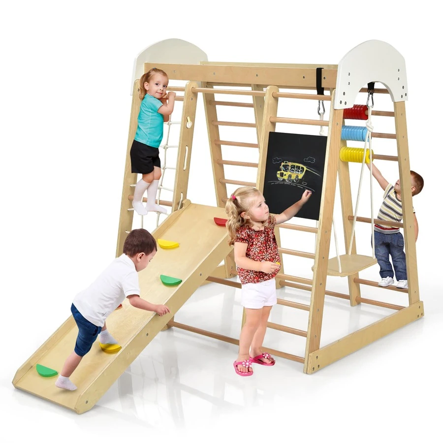 Costway Indoor Playground Climbing Gym Kids Wooden 8 in 1 Climber Playset  for Children - Camel - View 1