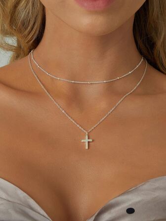 1入組時尚不銹鋼雙層鏈條十字吊墜項鍊