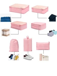 7Pcs/Set Travel Storage Bag, Portable Clothes Storage Bag Luggage Packing Bag For Shoes Cosmetic Bag Travel Essentials For Travel Backpack Travel Bag Luggage Suitcase Travel Gear Back To School Moving Bags Organizer - Pink - View 6