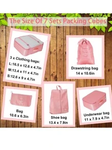 7Pcs/Set Travel Storage Bag, Portable Clothes Storage Bag Luggage Packing Bag For Shoes Cosmetic Bag Travel Essentials For Travel Backpack Travel Bag Luggage Suitcase Travel Gear Back To School Moving Bags Organizer - Pink - View 7