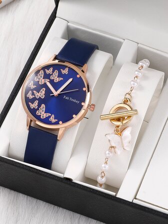 1 件蝴蝶图案圆形指针石英表和 1 件手链节日作为返校学生的礼物