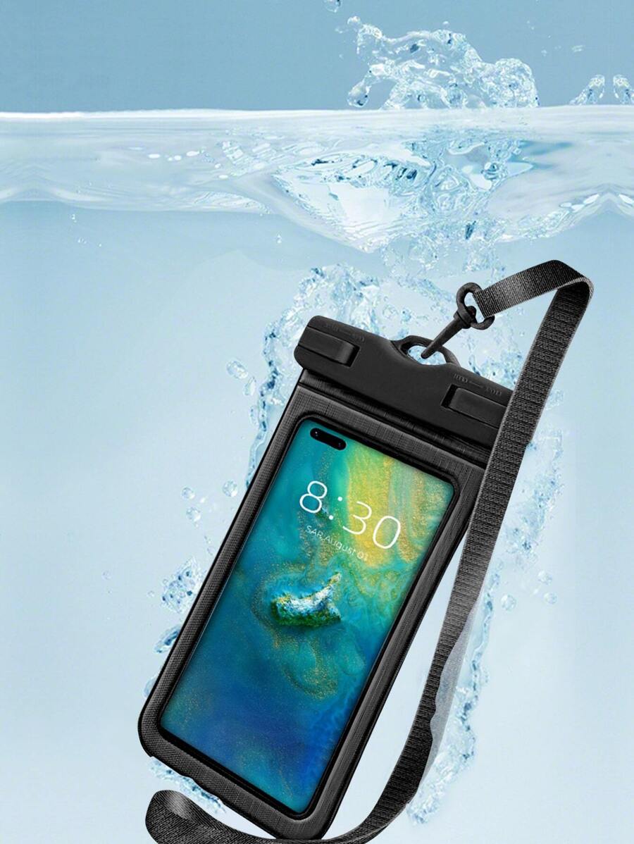 Linen Texture Airbag Design Shockproof Waterproof Mobile Phone Bag, Swimming Neck Hanging Sealed Phone Case, Transparent Diving Outdoor Floating Swimming Touchscreen Phone Protector For Device With Screen Size Within 7.5 Inches, Beach Essentials, Beach Accessories, Pool Float - Black - View 1