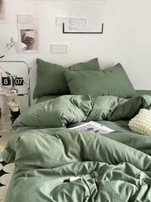 3pcs Green Soft & Comfortable Bedding Set (1 Duvet Cover + 2 Pillowcases), Suitable For Bedroom And Guest Room
