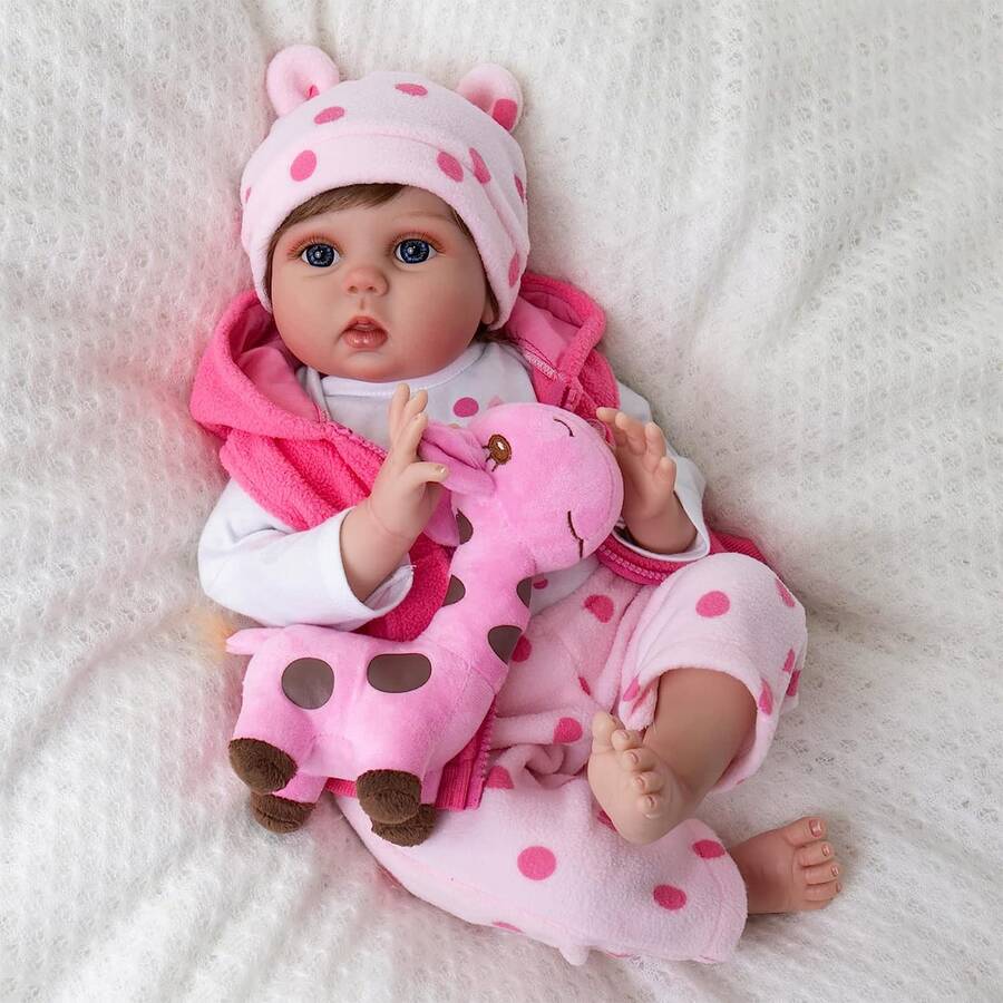 22" Silicone Reborn Baby Dolls,Sweet Girl Realistic Doll Soft Vinyl Body with Giraffe Toy and Bottles,Newborn Babies Dolls Gift for Kids Age 3+ - 粉色 - 查看 1