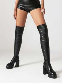 Botas altas hasta el muslo con plataforma para mujer, tacones gruesos y cuadrados, sobre la rodilla, botas de estilo go-go con punta redondeada, botas de fiesta con cremallera