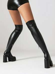 Botas altas hasta el muslo con plataforma para mujer, tacones gruesos y cuadrados, sobre la rodilla, botas de estilo go-go con punta redondeada, botas de fiesta con cremallera