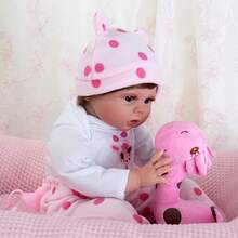22" Silicone Reborn Baby Dolls,Sweet Girl Realistic Doll Soft Vinyl Body with Giraffe Toy and Bottles,Newborn Babies Dolls Gift for Kids Age 3+ - 粉色 - 查看 3