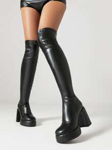 Botas altas hasta el muslo con plataforma para mujer, tacones gruesos y cuadrados, sobre la rodilla, botas de estilo go-go con punta redondeada, botas de fiesta con cremallera