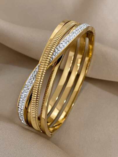 1 PC Crossed Rhinestone Stainless Steel Bangles Bracelets for Women Fashion Gold Color Winding Spiral Layered Bracelet Jewelry Accessories
