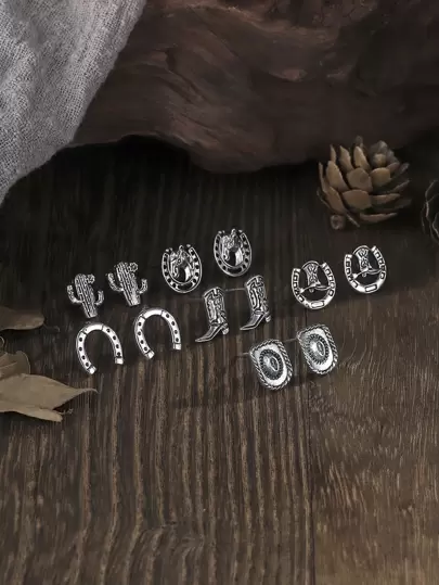 6 paires Européen & Américain Style Vintage Style Occidental culture Inspiré En Alliage texture Chapeau De Cowboy , Fer À Cheval , Cow-Boy Botte , Design Cactus Clous D'oreilles Pour Femme , Port Quotidien