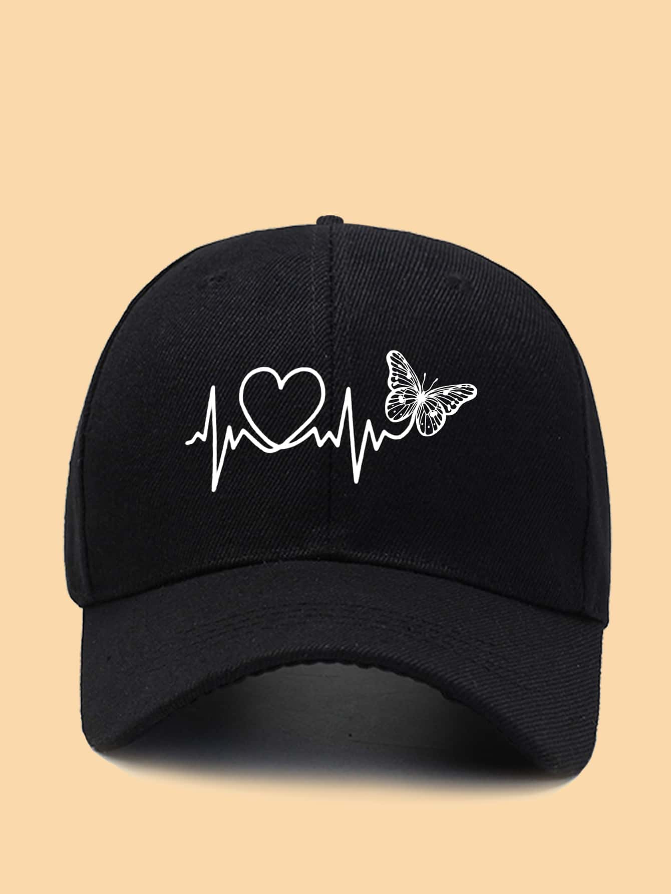 1 件女士黑色线条和蝴蝶印花棒球帽户外太阳帽情人节 - 黑色 - 查看 1