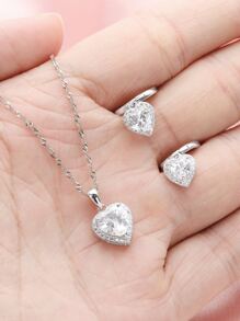 1Set Elegant Halo Heart White Cubic Zirconia Solid 925 Sterling Silver Necklace HoopEarrings Jewelry Set Wedding Engagement Bridal Jewelry - 1Set Earrings Necklace - View 2