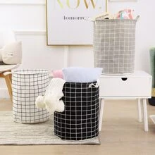 1pc Round Dirty Clothes Basket, Laundry Basket, Portable Dirty Clothes Hamper Random Color,Plaid Pattern Random Color Laundry Basket - Multicolor - View 1