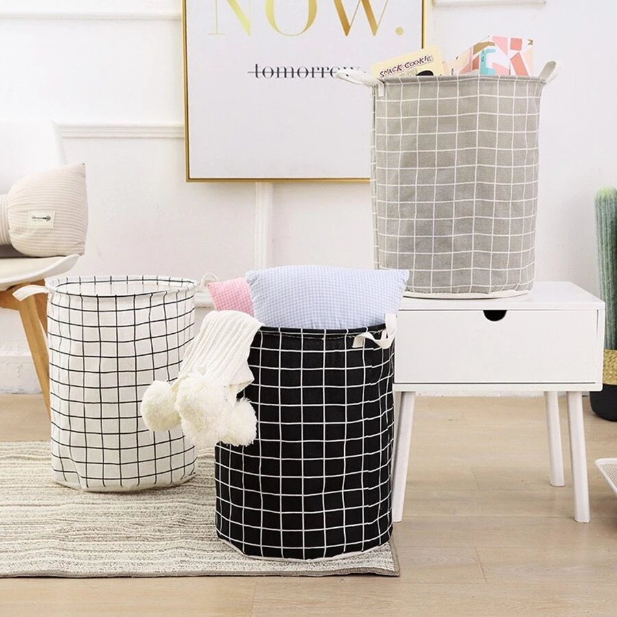 1pc Round Dirty Clothes Basket, Laundry Basket, Portable Dirty Clothes Hamper Random Color,Plaid Pattern Random Color Laundry Basket - Multicolor - View 1