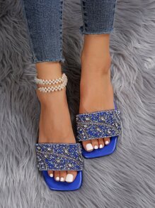 Fashionable Women's Classic Blue Rhinestone Sandals, Casual Flat Summer Sandals - Blue - View 2