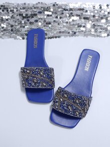 Fashionable Women's Classic Blue Rhinestone Sandals, Casual Flat Summer Sandals - Blue - View 5