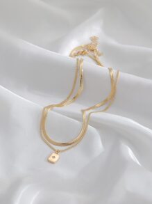 Nooxian 2 Miếng Thép không gỉ Lưỡi Chuỗi Với Hình vuông Đồng Micro-Inlaid Sáng bóng Khối Zirconia  Hai lớp Vòng cổ mặt dây chuyền Đối với Xương quai xanh - Vàng - Xem 3