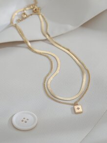 Nooxian 2 Miếng Thép không gỉ Lưỡi Chuỗi Với Hình vuông Đồng Micro-Inlaid Sáng bóng Khối Zirconia  Hai lớp Vòng cổ mặt dây chuyền Đối với Xương quai xanh - Vàng - Xem 4