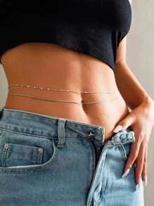 Ladies 2Pcs Gorgeous Fashion Shiny Rhinestone Inlaid Sexy Navel Ring Waist Chain Casual Vacation Best Friends Body Jewelry Set Gift Belly Chain - Silver - View 2