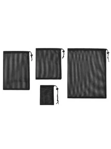 耐用尼龙网状抽绳储物袋多用途居家旅行户外活动袋洗衣袋 - 黑色 - 查看 5