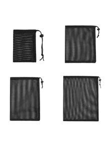 耐用尼龙网状抽绳储物袋多用途居家旅行户外活动袋洗衣袋 - 黑色 - 查看 6