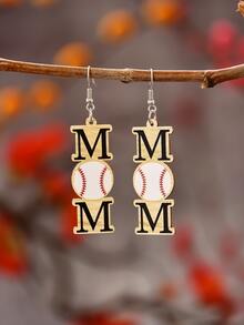 1雙可愛卡通木頭矩形形狀mm字母&棒球圖案吊墜耳環適合女士,合適的適用於派對,舞蹈派對,開學季,或者作為節日禮物 - 彩色 - 查看 1